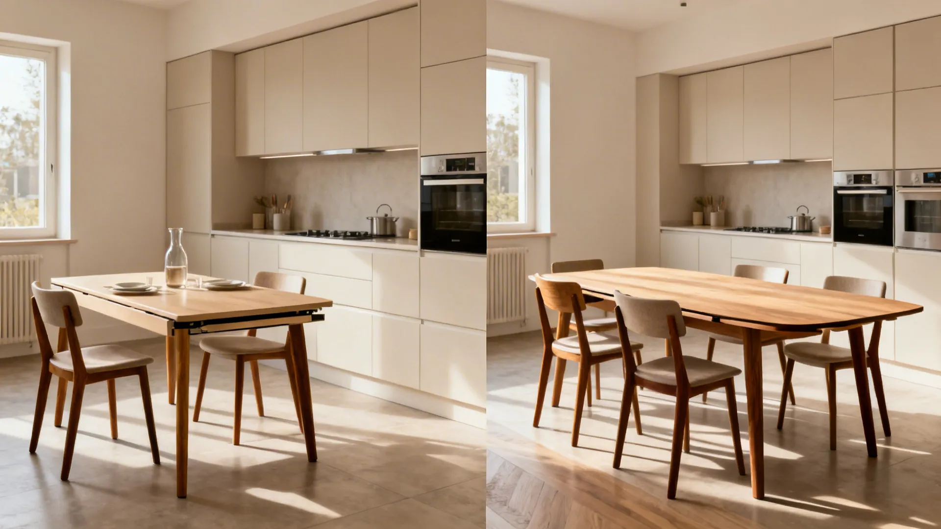 Extendable dining table shown closed and extended to seat six in a small kitchen.