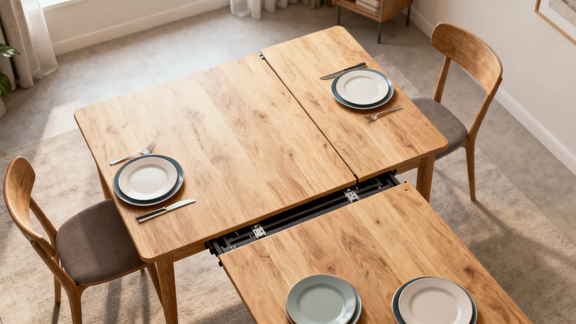 Top-down view of an extendable table partially extended showing how it adapts for guests