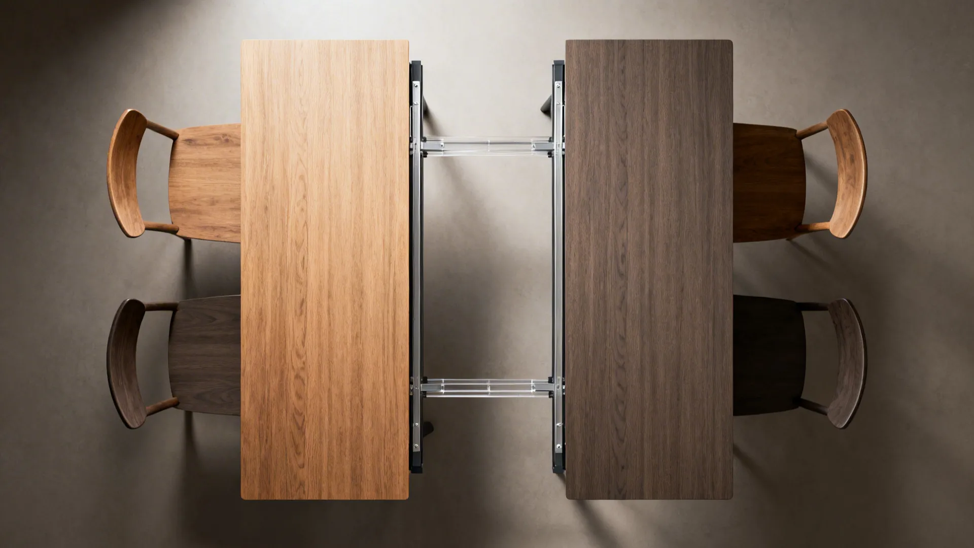 Top-down view of an extendable two-seater table in compact and extended states