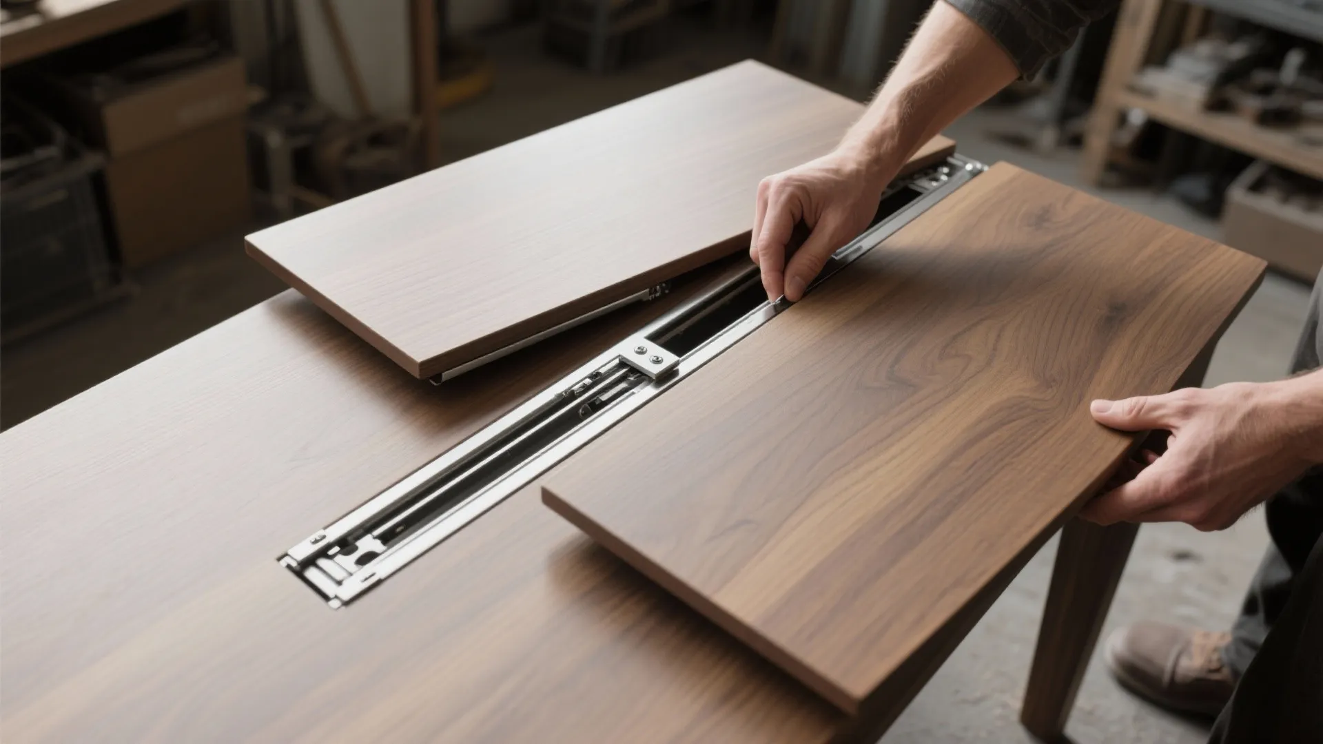 Man installing wood table surface onto metal sliding tracks for a new extendable dining table