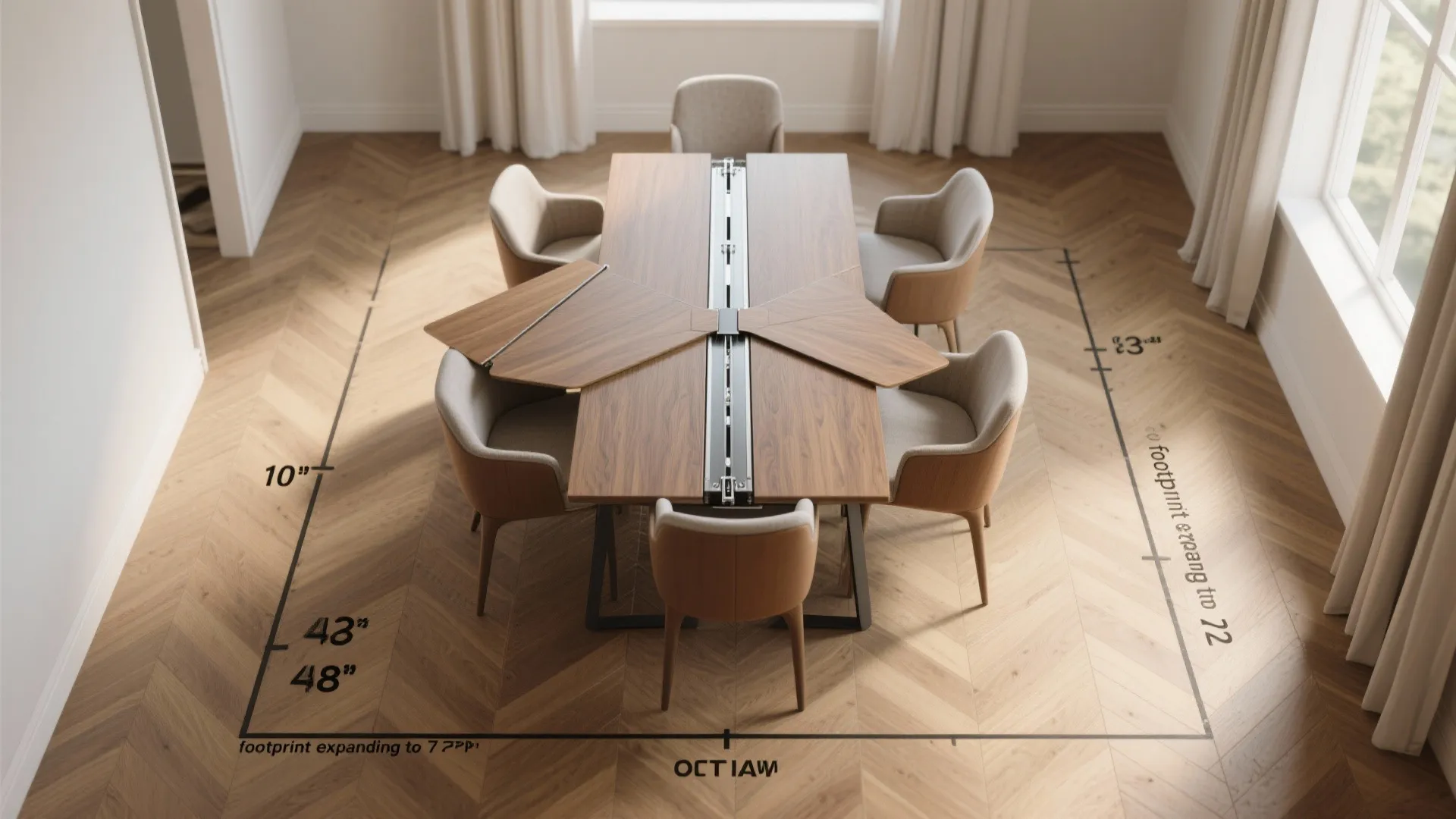 Wooden dining table with chairs showing floor space measurements on a light brown wood floor