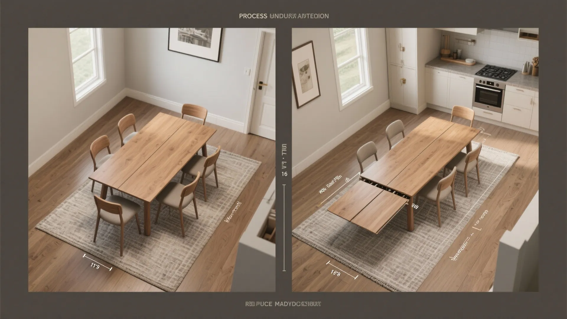 Before and after comparison showing a wooden dining table extending to accommodate more seating area