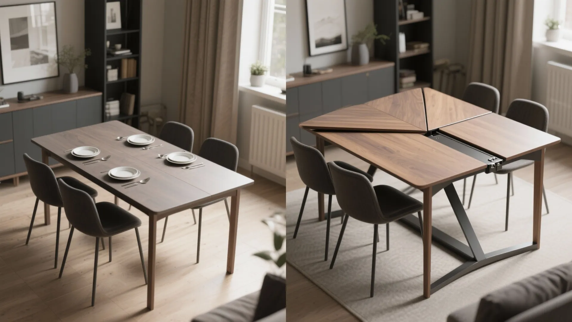 Before and after comparison of a rectangular wooden dining table versus an extended square table