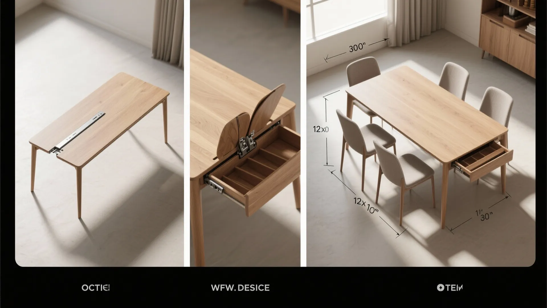 Wooden dining table showing the mechanism for extension and an open drawer for silverware storage