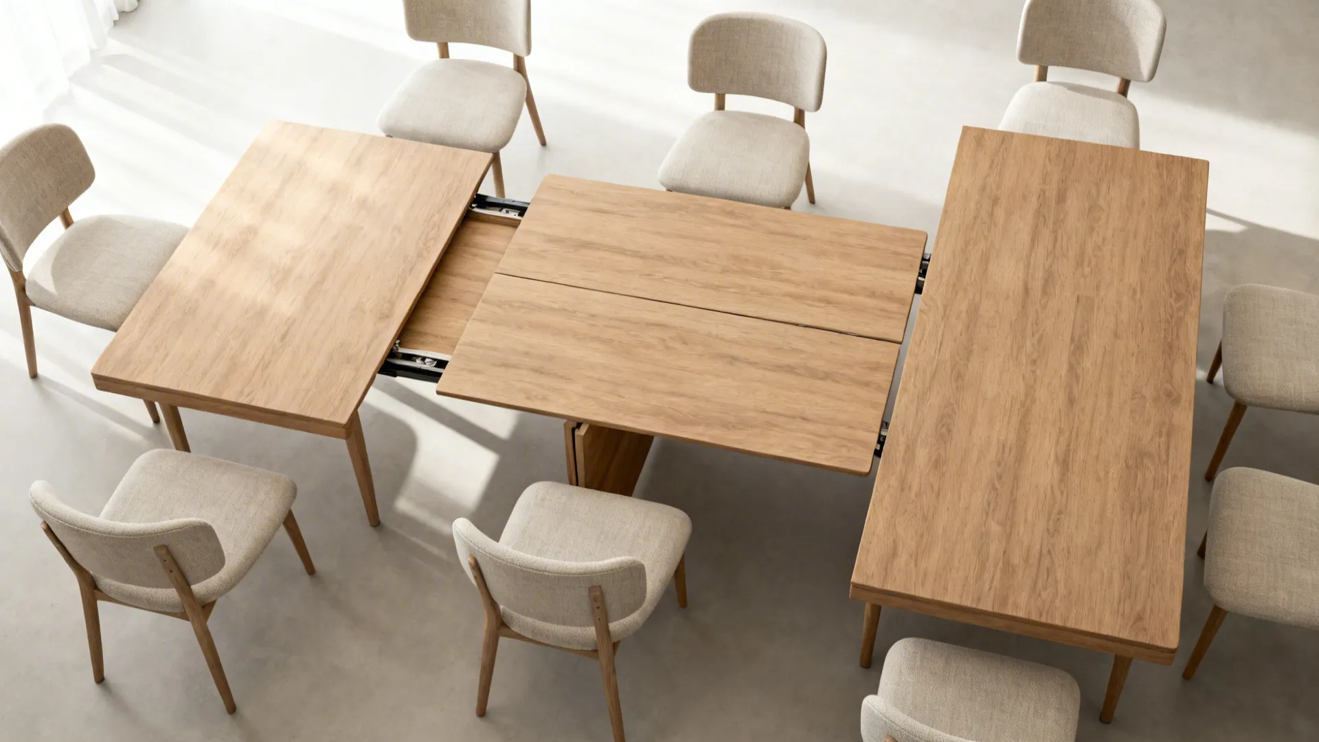 Top-down view of an extendable dining table shown in compact and fully extended positions to illustrate mechanism and clearances