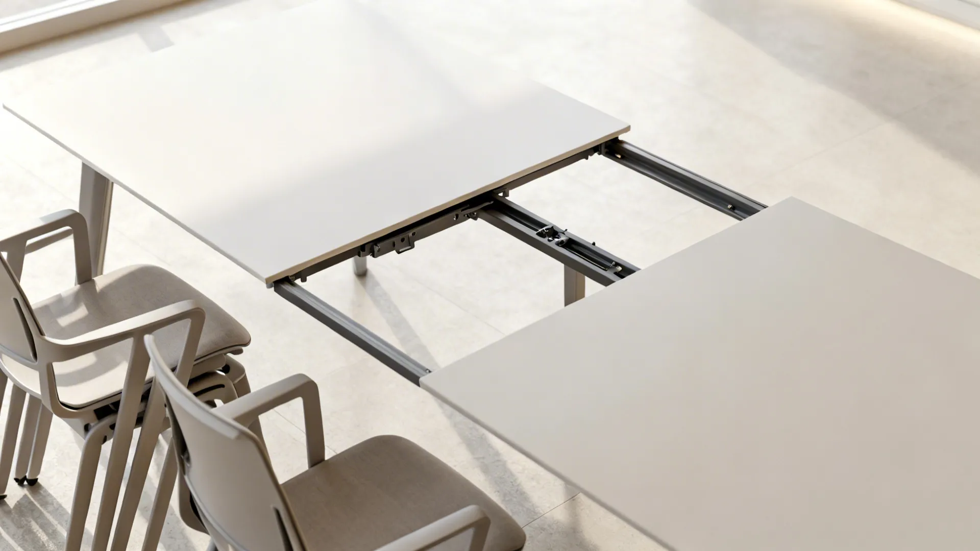 Top view of a white extendable dining table showing internal metal frame with two modern chairs