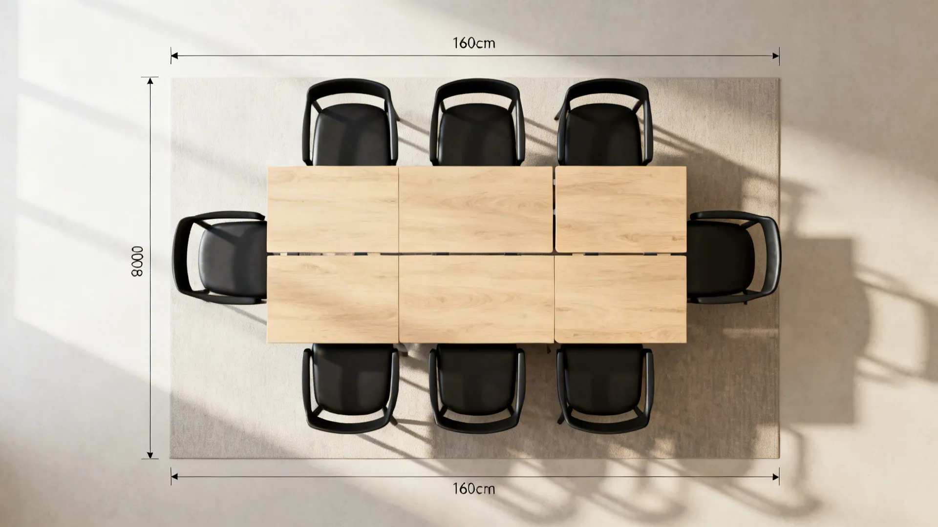 Top-down view of an extendable table layout closed and expanded with clearances.