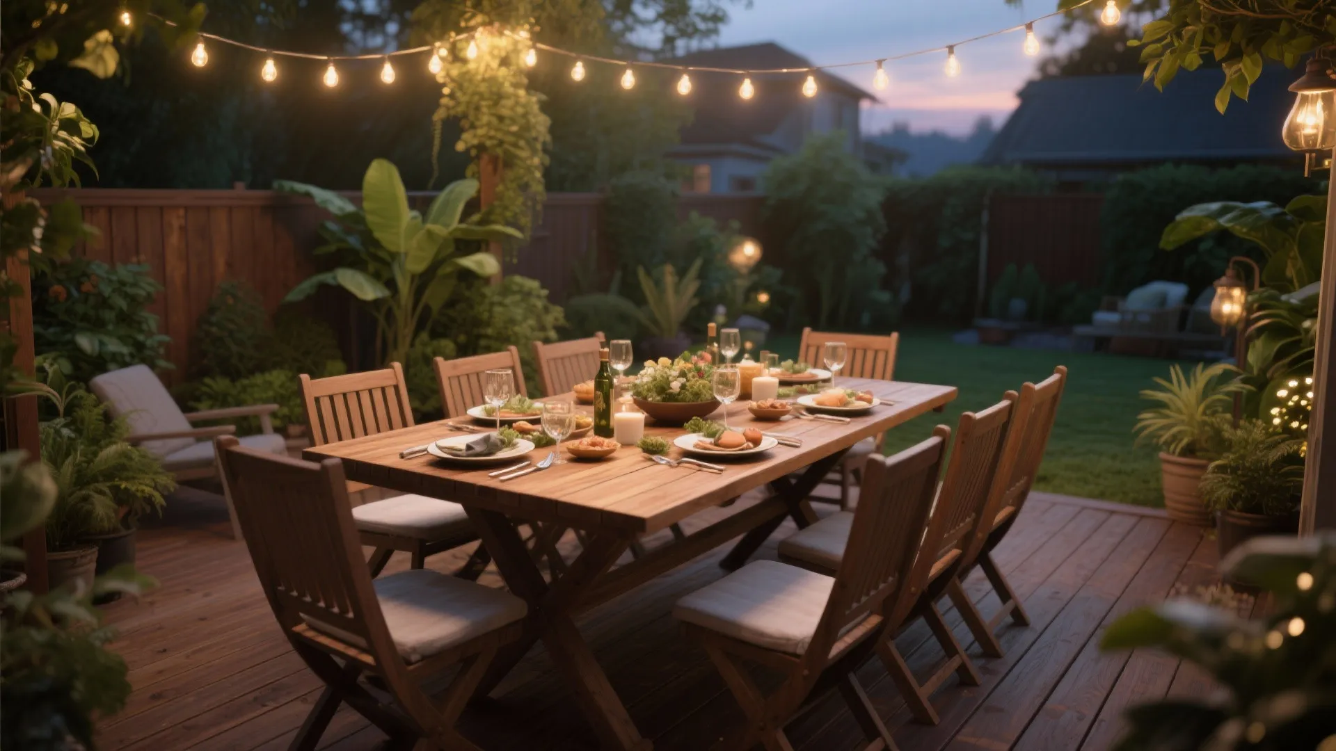 Outdoor wooden deck with long dining table set for dinner under warm hanging string lights