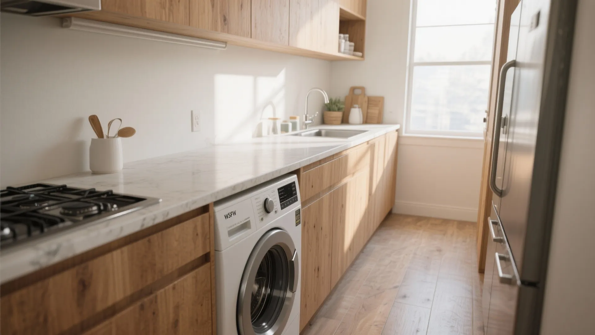 Modern kitchen with wooden cabinets marble countertop washing machine gas stove sink and big fridge interior