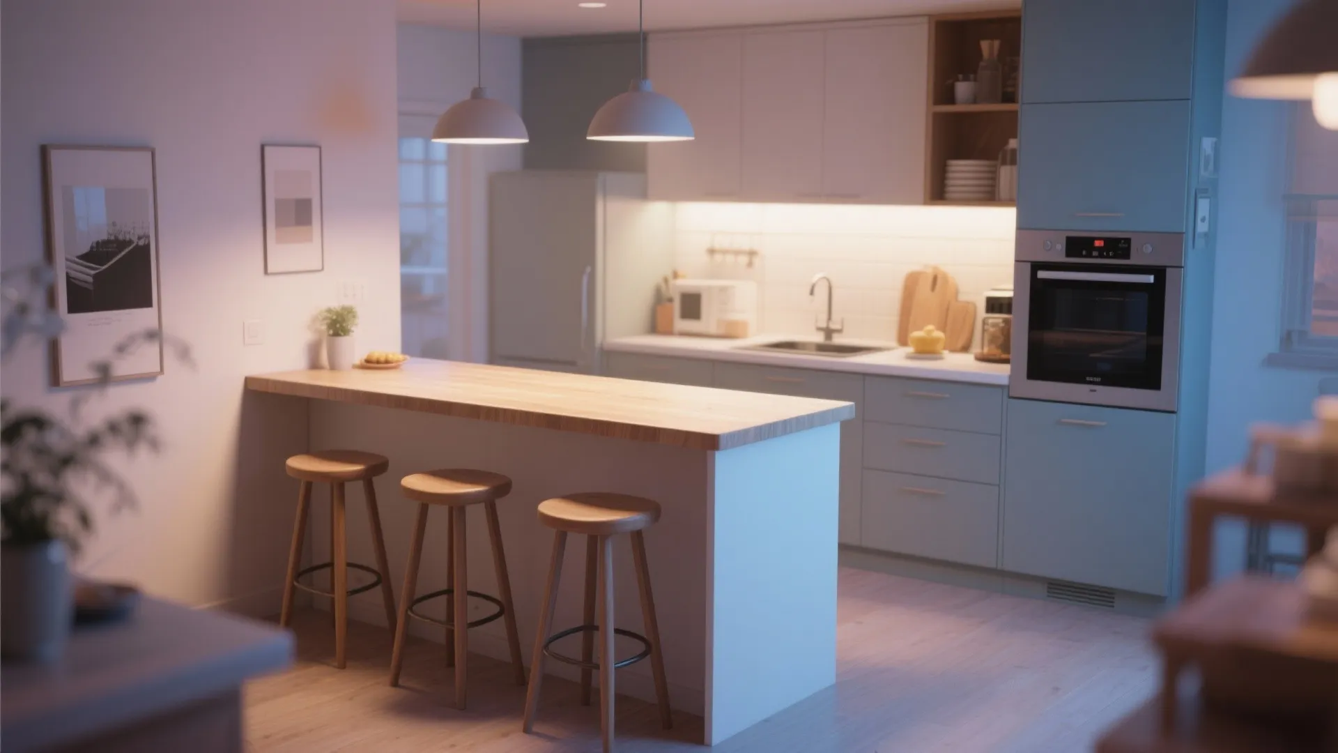 Modern kitchen with wood island breakfast bar stools blue cabinets white walls and ceiling lights