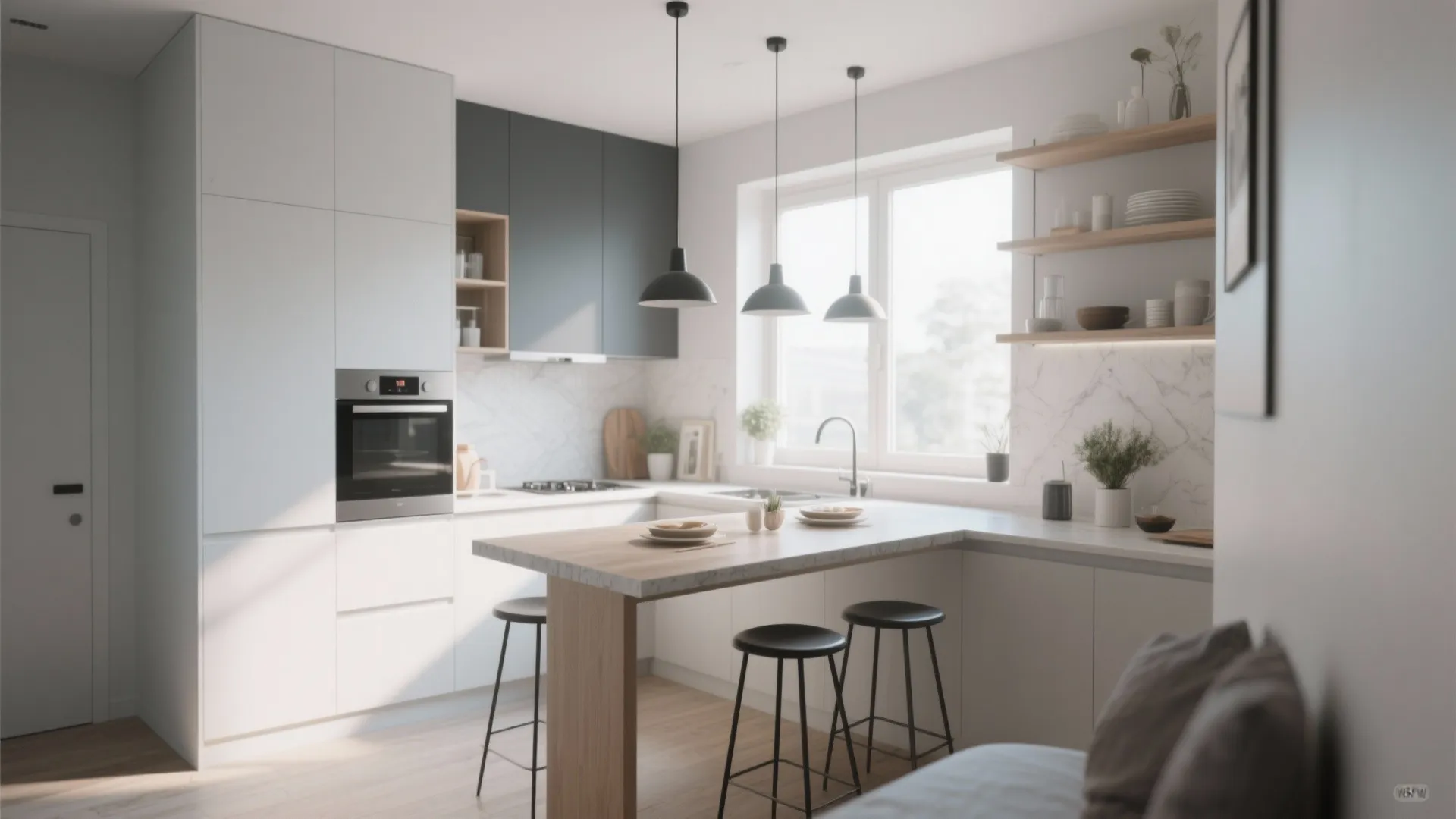 Bright white kitchen with wooden breakfast bar and black stools under three modern ceiling lights