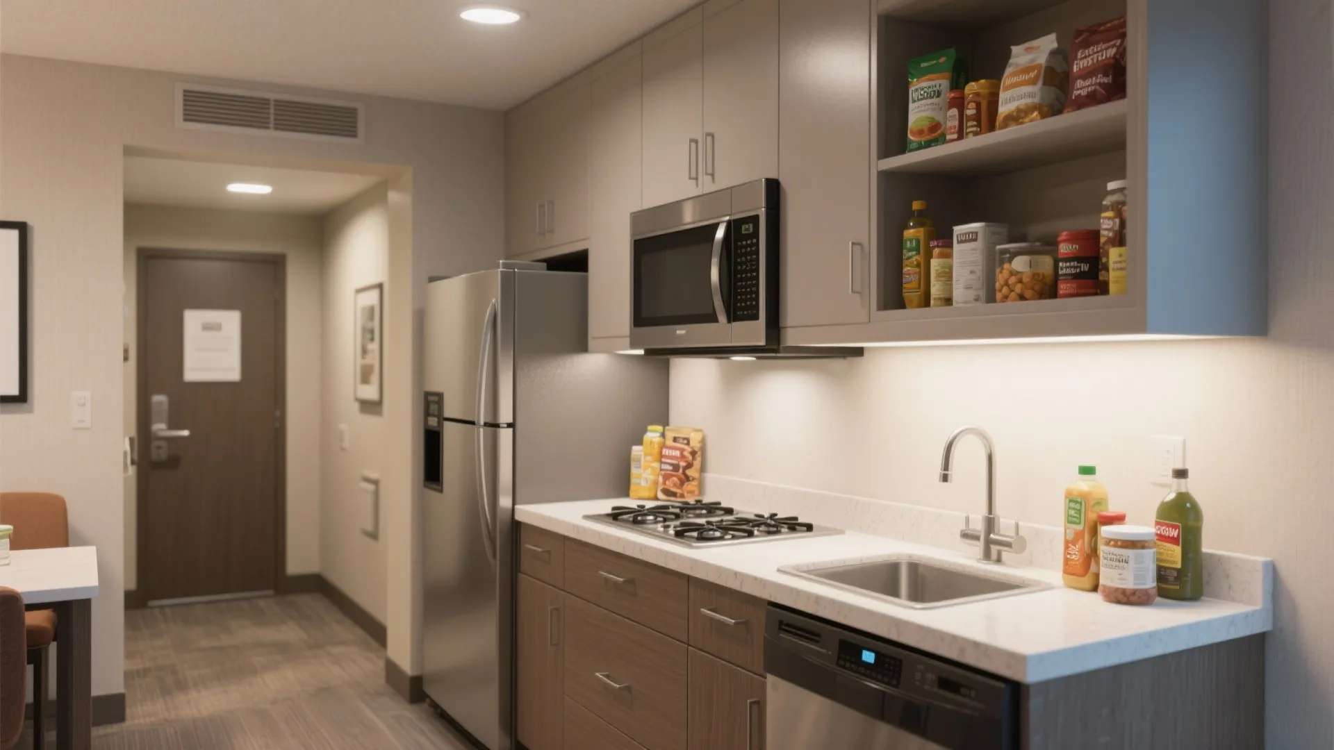 Modern hotel kitchenette with grey cabinets microwave stainless steel fridge gas stove and small white sink
