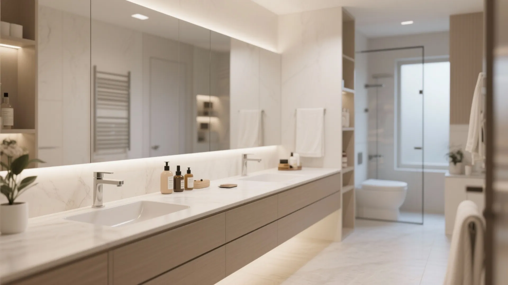 Long marble counter with two sinks large mirror and wooden drawers in a bright clean bathroom