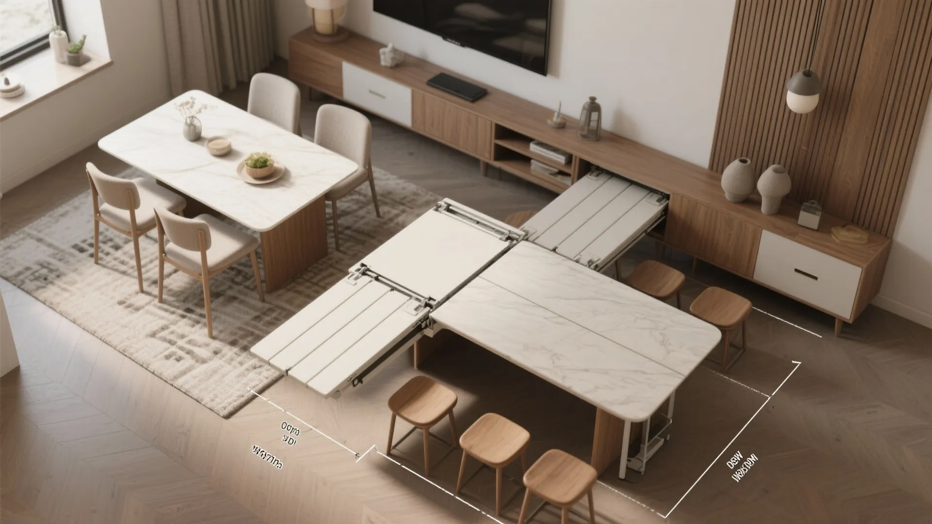 Living room interior design drawing showing a marble dining table with an integrated folding mechanism