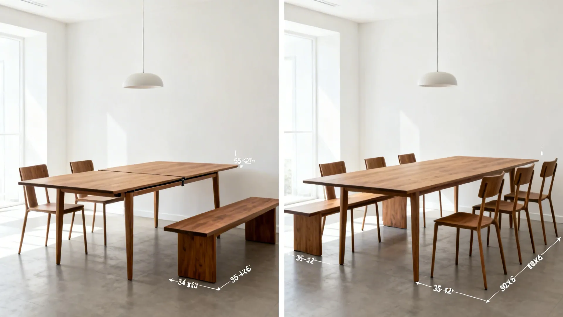 Before and after comparison of a wooden dining table extending from small to large configuration