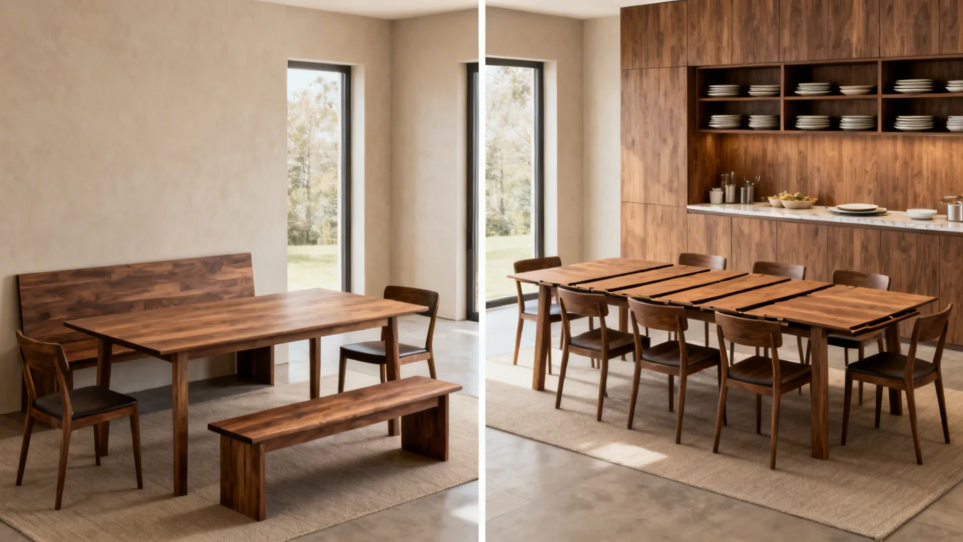 Before-and-after of an extension table with bench and storage wall adapting from daily to hosting mode.