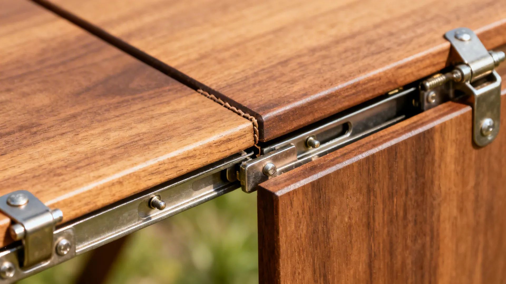 Close-up of sturdy metal extension slides and a flush-fitting butterfly leaf on a wood table.