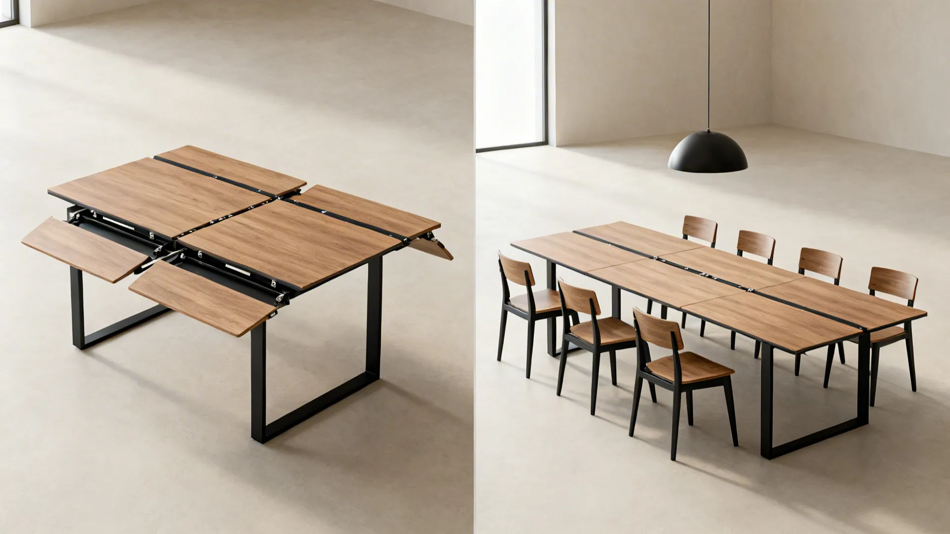 Extension table shown compact for daily use and extended to seat eight with optimized circulation.