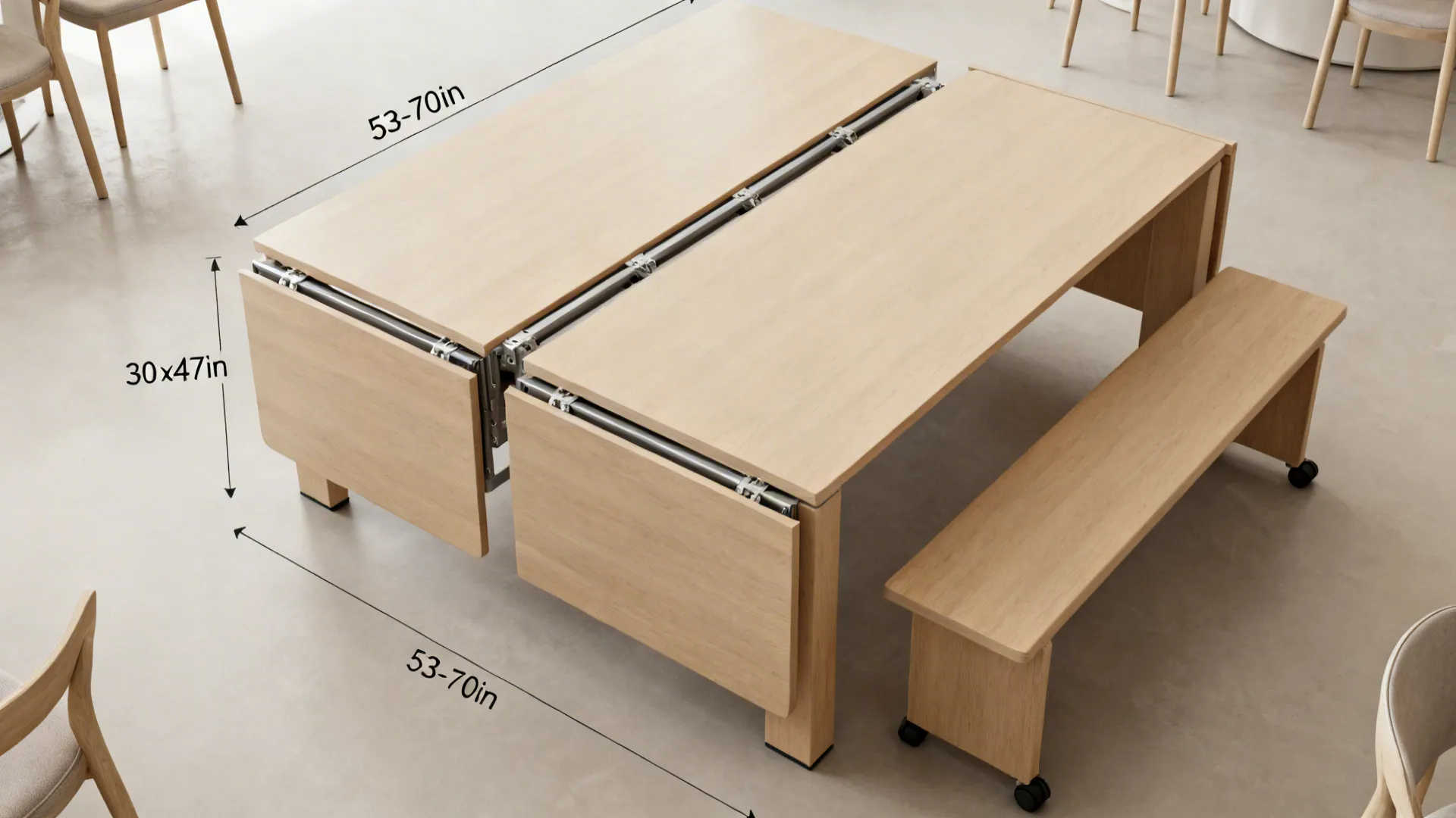 Top-down view of an extendable dining table transitioning from compact to larger seating.