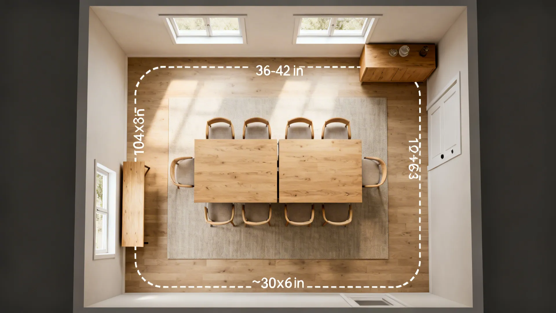 Top down interior design drawing showing dining room layout with table chairs and white measurement