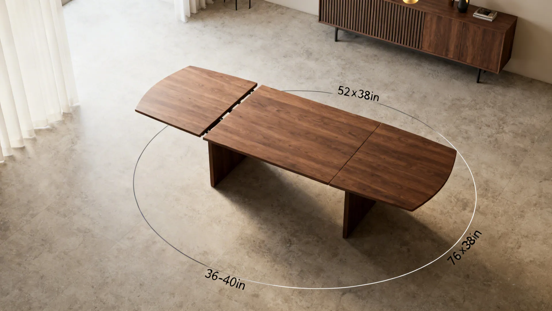 Top-down plan showing compact and extended table footprints with 36–40 inch clearances.