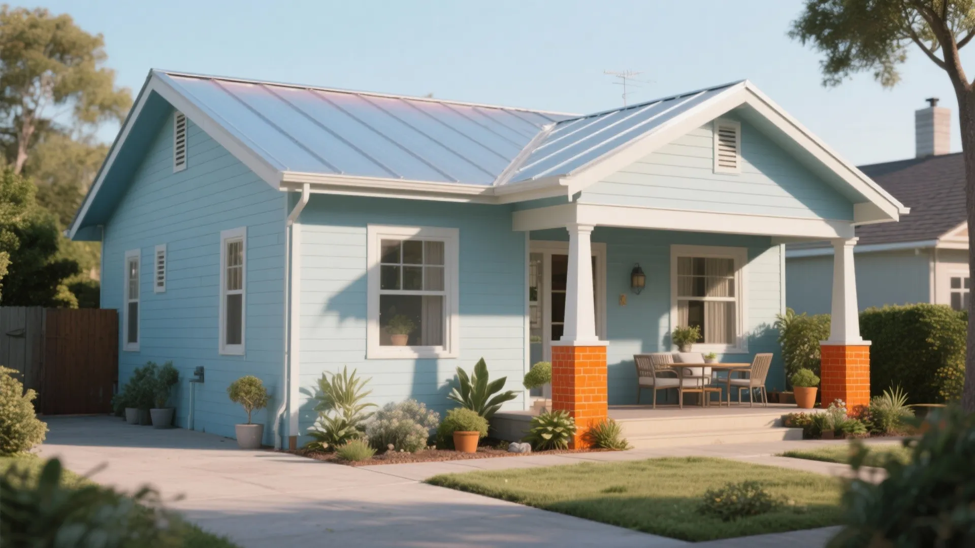 Light blue house with white trim metal roof small porch and outdoor table and chairs