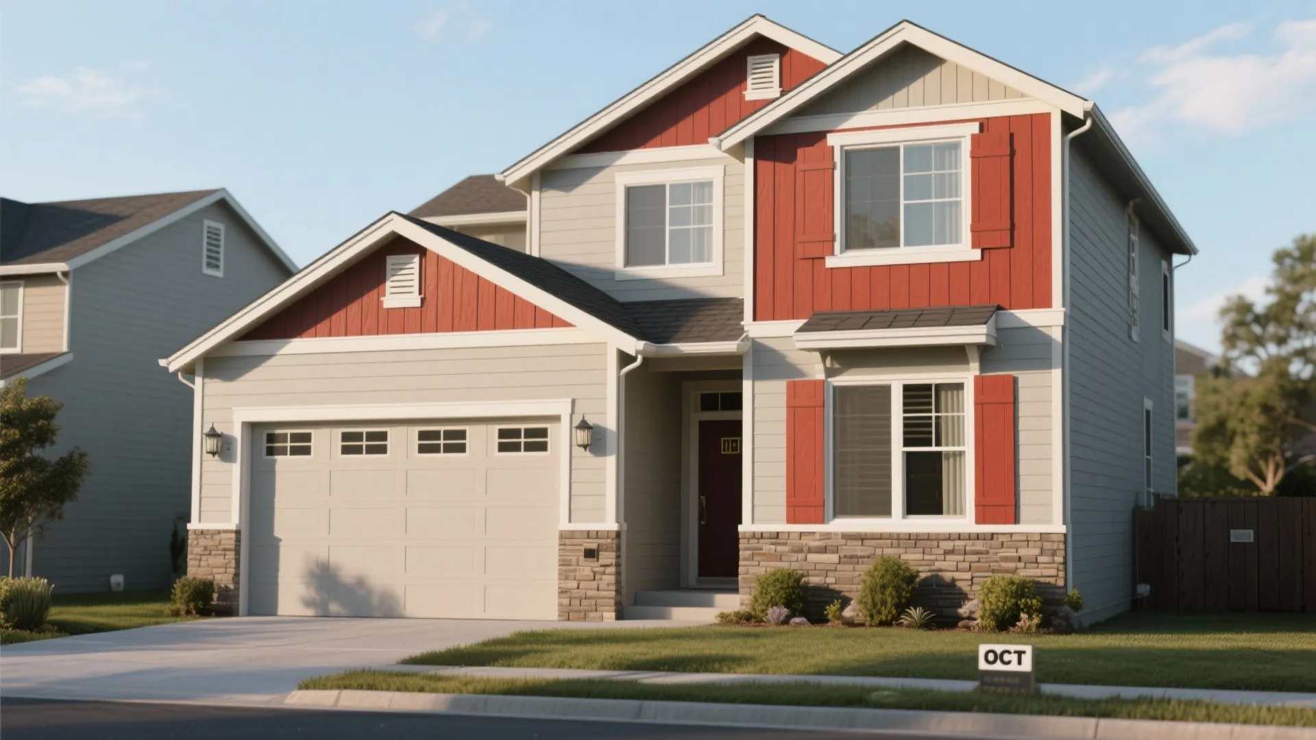 Two-tone house facade with neutral body color and bold trim highlighting architectural lines in clear daylight.