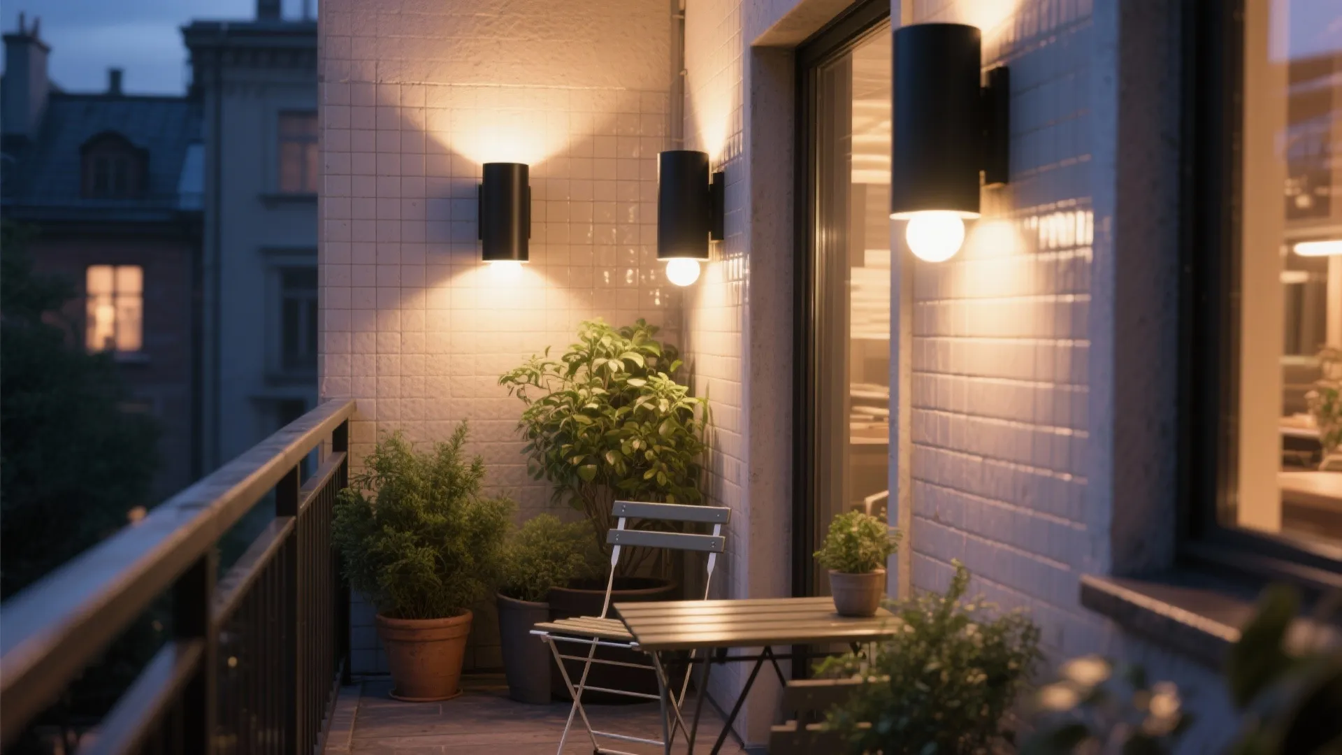3. Black cylinder sconces for layered exterior lighting