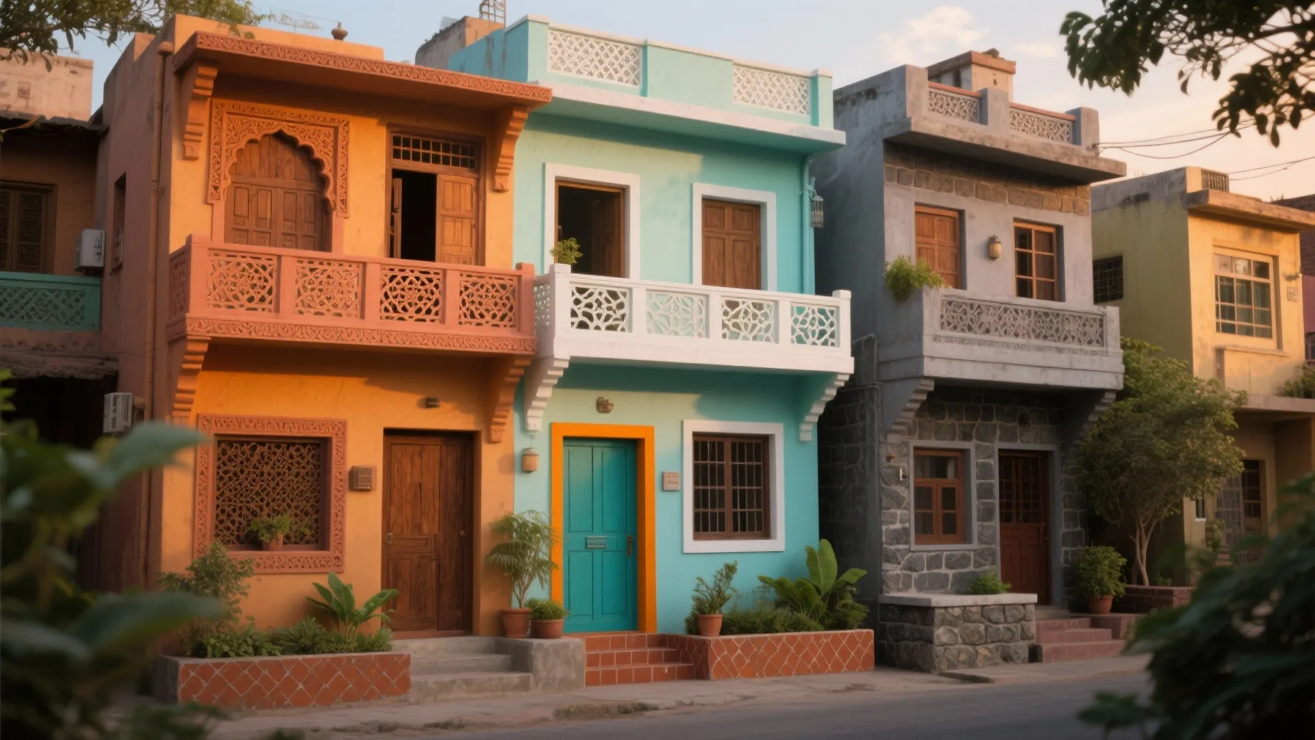 Row of colorful traditional houses with carved balconies in orange blue and grey stone finishes