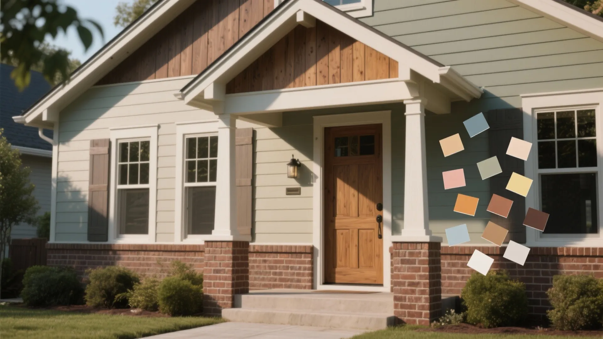 House exterior with green walls and wooden door surrounded by many colorful floating paint swatches
