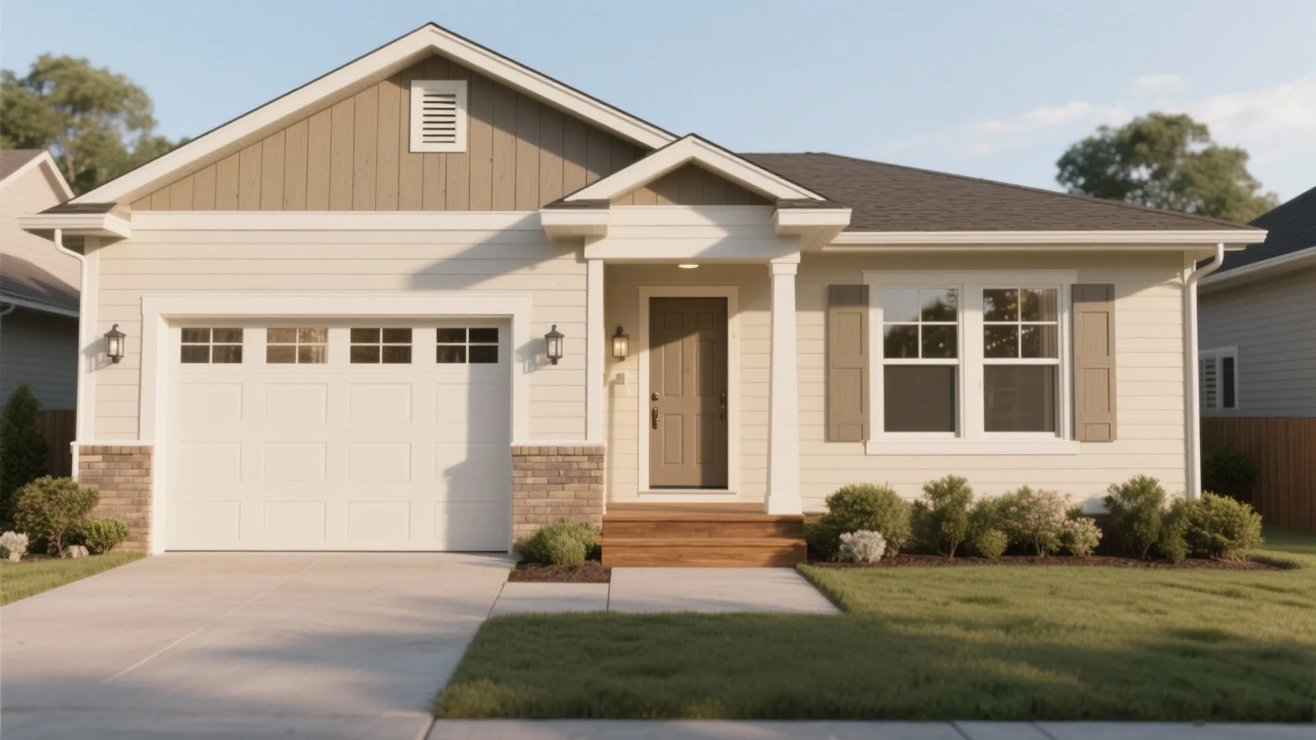Modern single story house with white garage door light colored walls and small green front yard