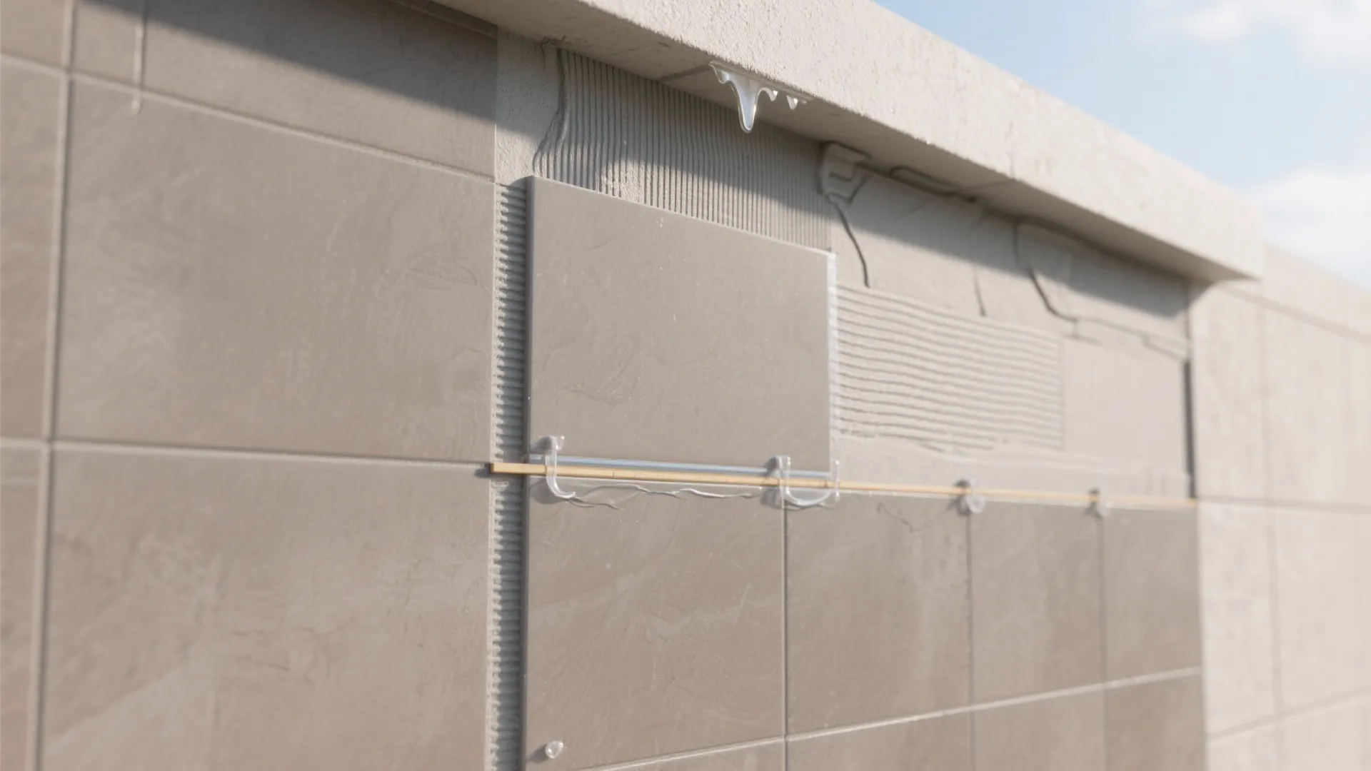 Installation of light brown wall tiles using spacers and glue on a flat outdoor surface