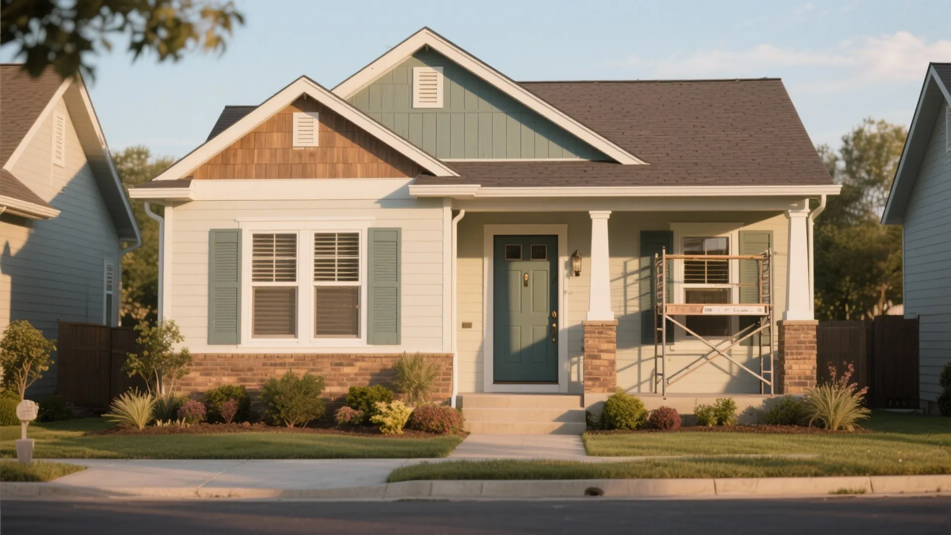 Modern suburban house with light green siding blue front door white windows and metal scaffolding