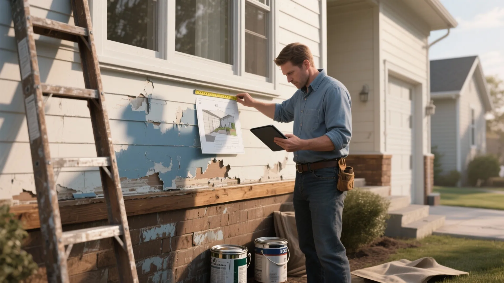 Man holding tablet and measuring old wall with peeling paint next to ladder and paint cans