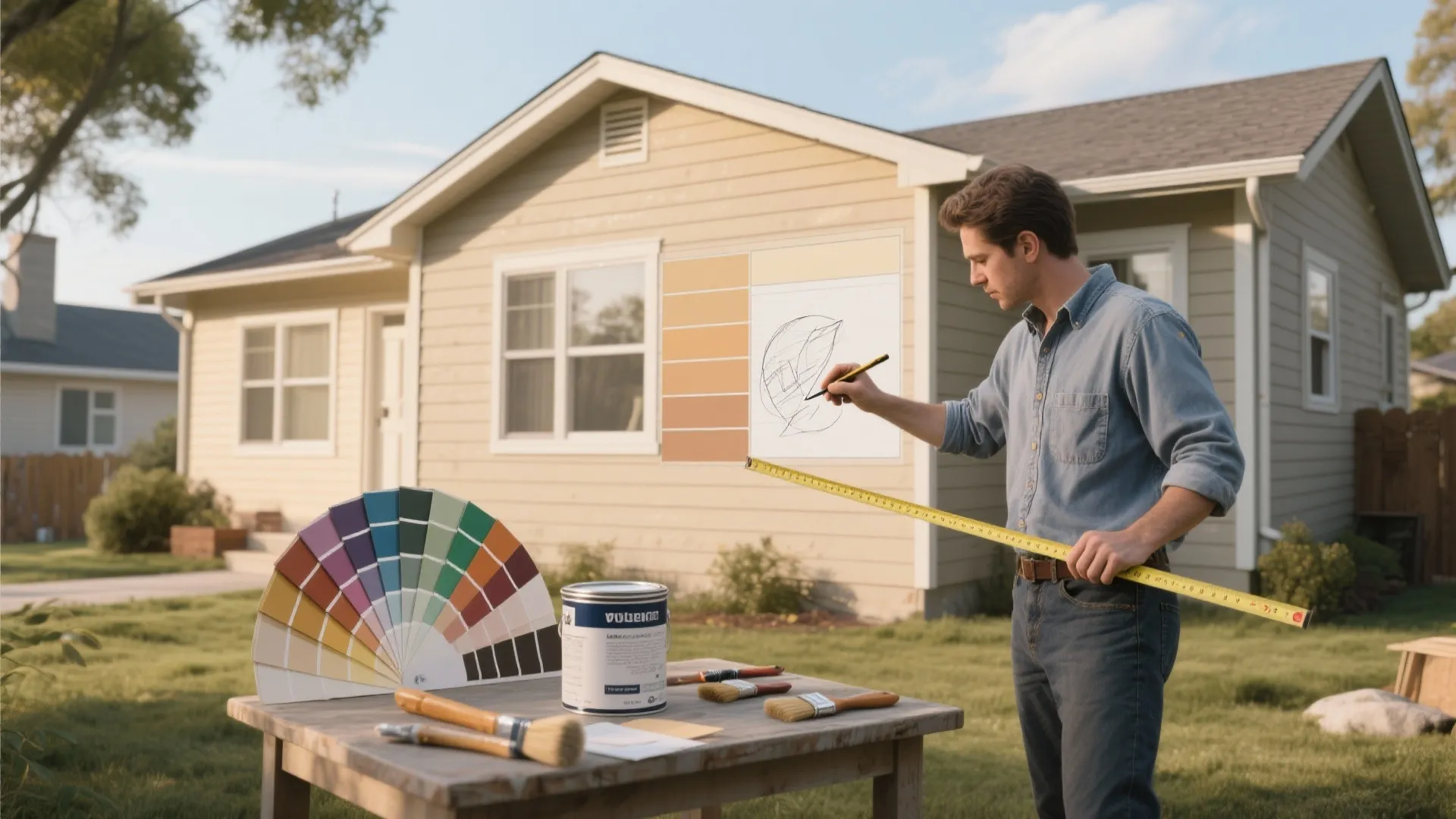 Man holding measuring tape planning house exterior painting with color swatches and paint brushes outdoors