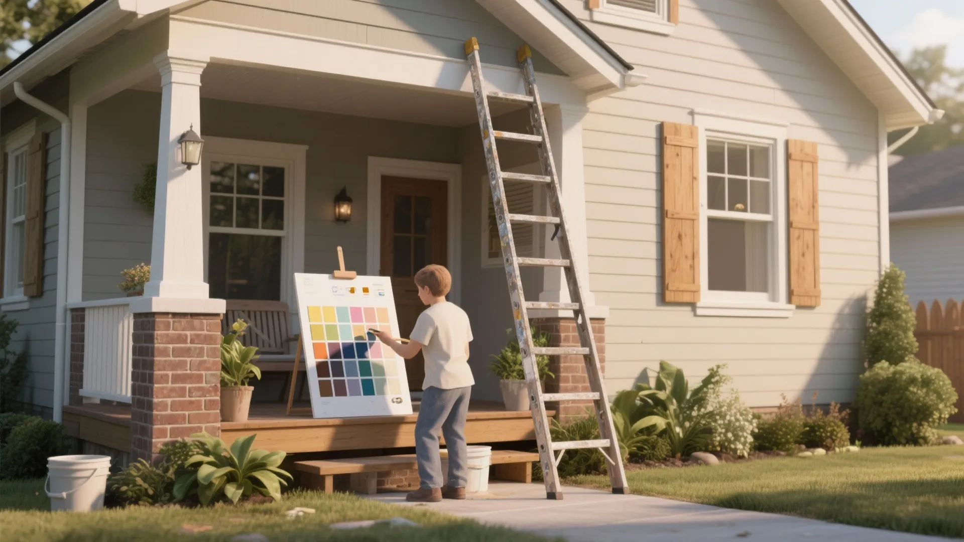 Man choosing exterior house paint colors from a large chart standing in front of home
