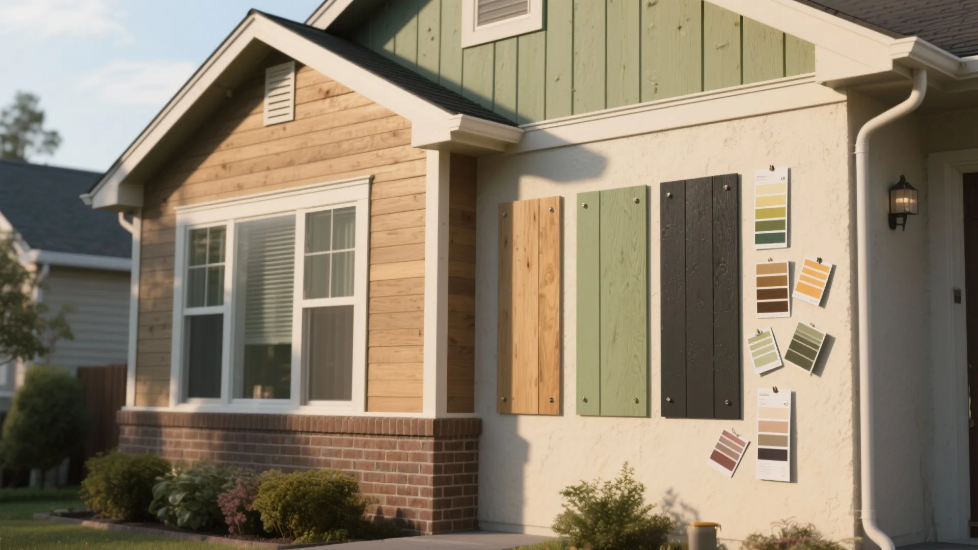 Exterior house wall showing wood siding samples and color palettes for a home renovation project