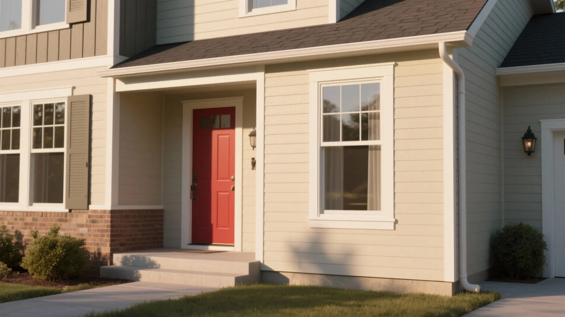 House entrance with a bright red door white window frames and beige outside wall panels