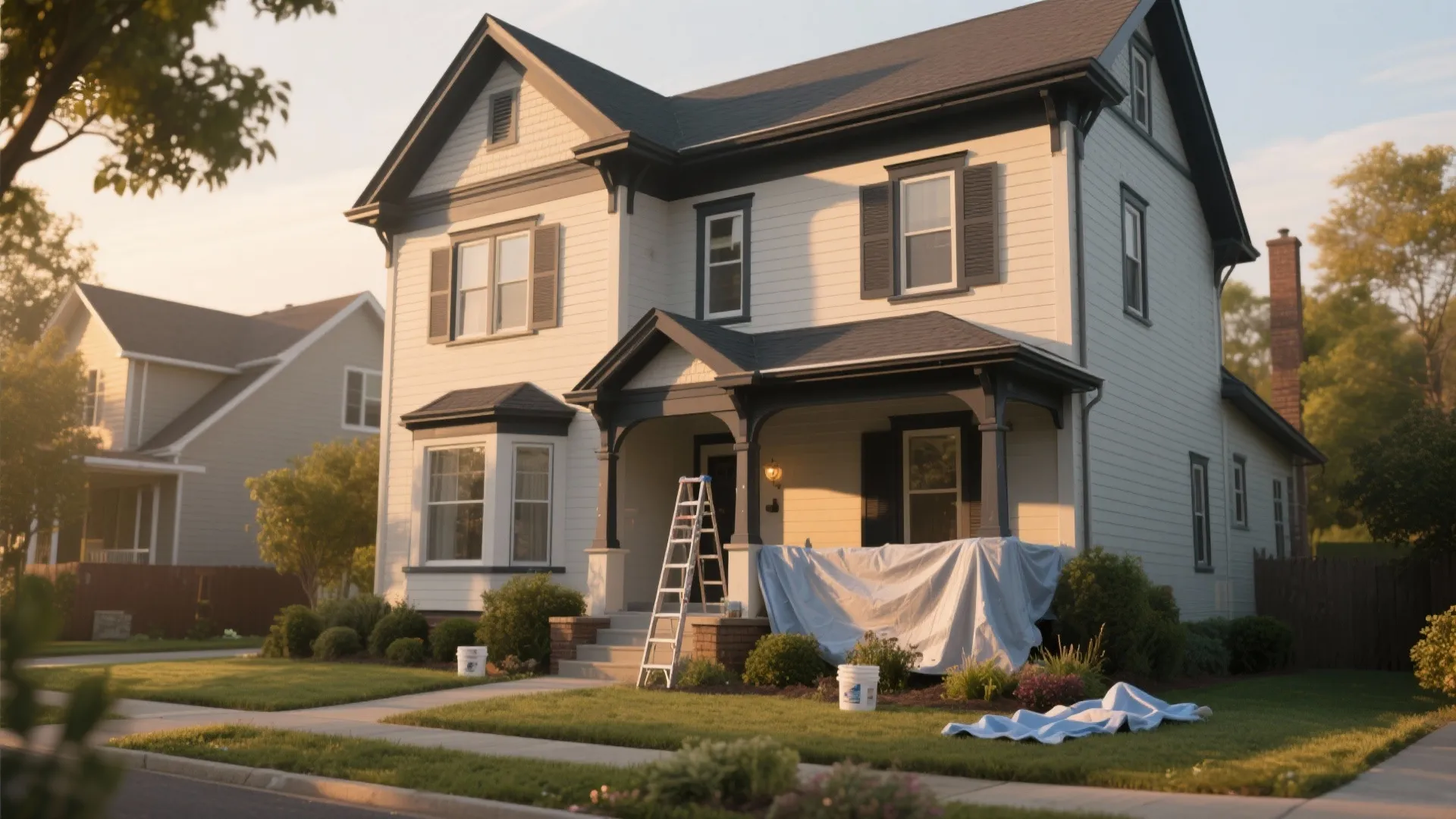 Two story white house with front porch covered by blue plastic sheets and metal ladder