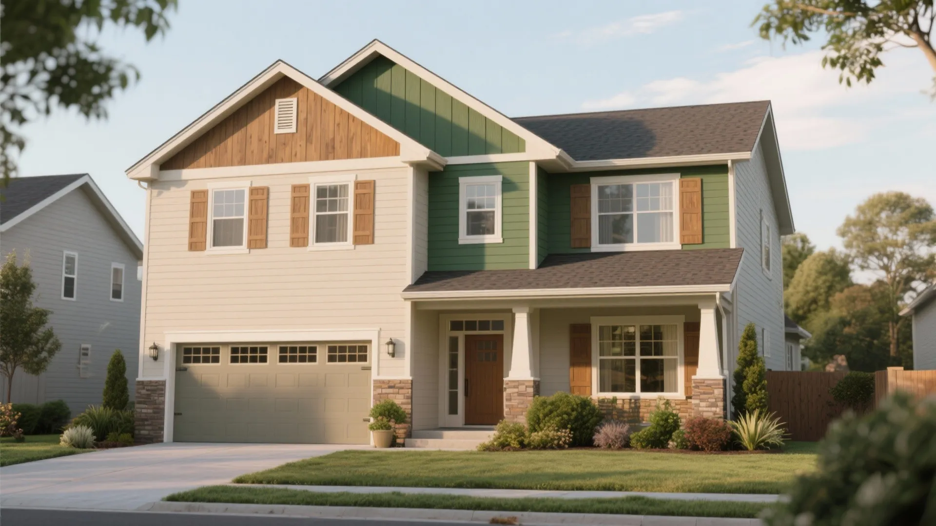 Two-story suburban house featuring green and cream exterior paint colors with a large grey garage