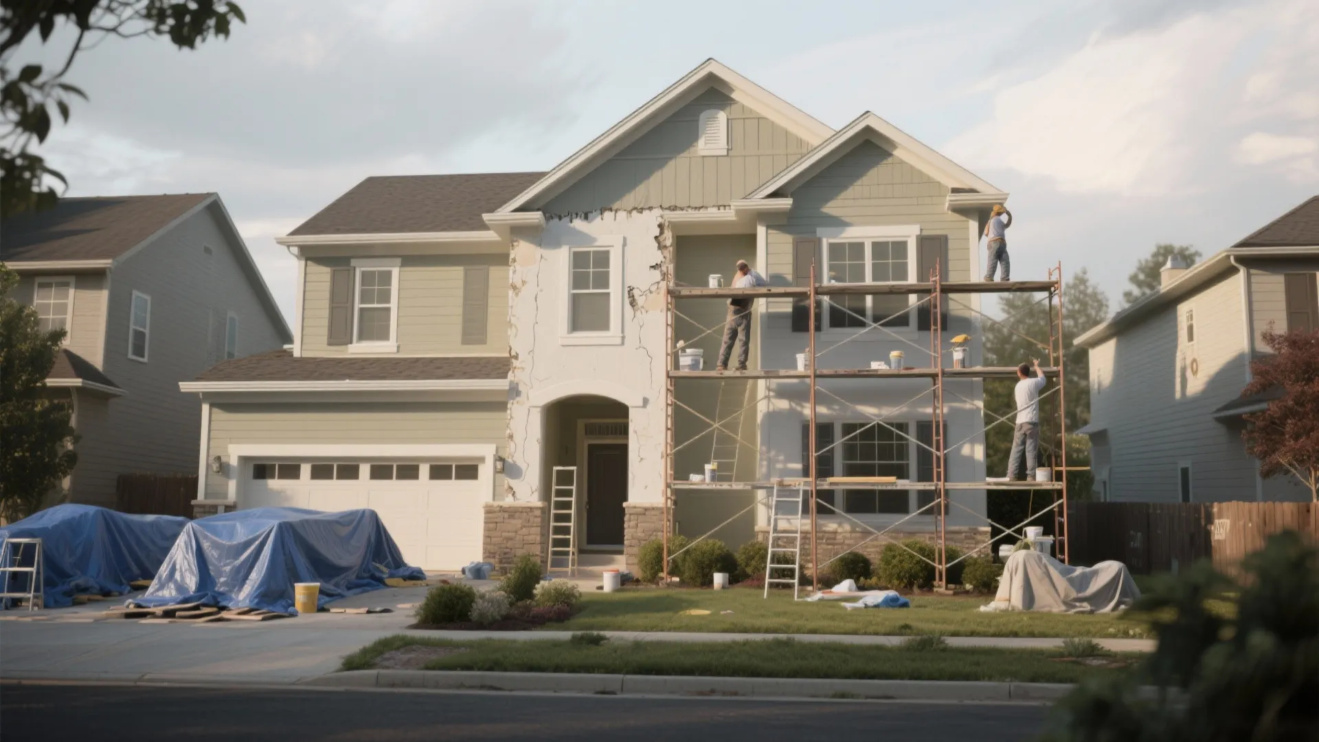 Workers on metal scaffolding painting the exterior wall of a green two story residential home