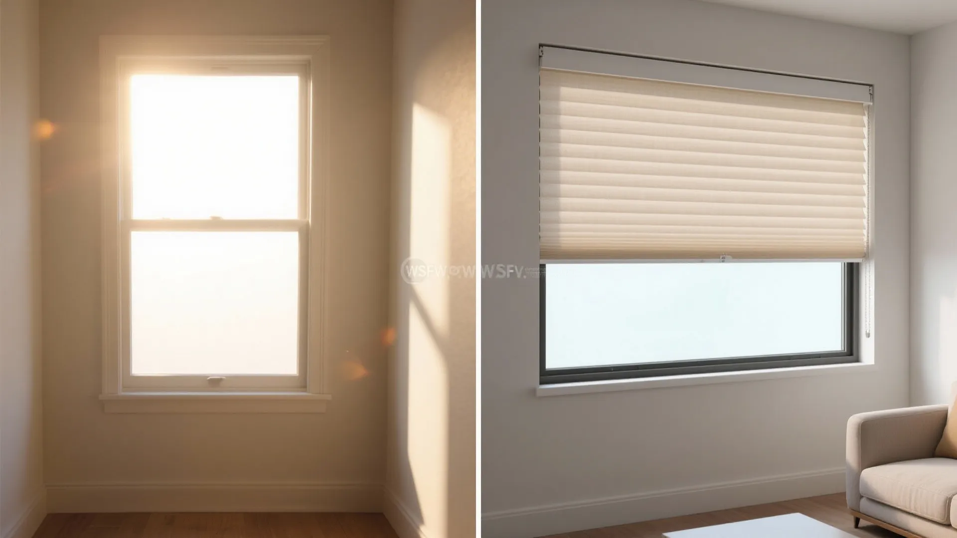 Before and after comparison of bright sunlight versus a window with a beige pleated shade