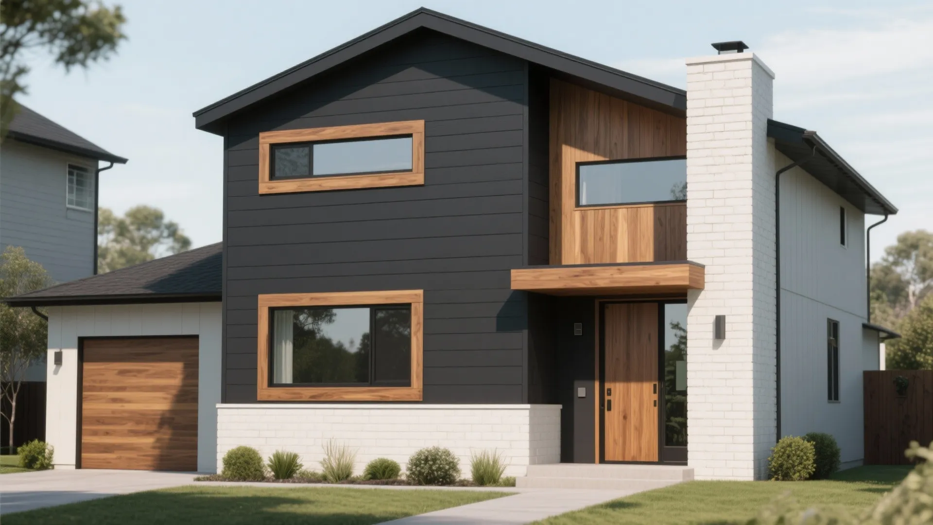 Modern two-story house with black siding, wooden window frames, white brick accents, and a garage