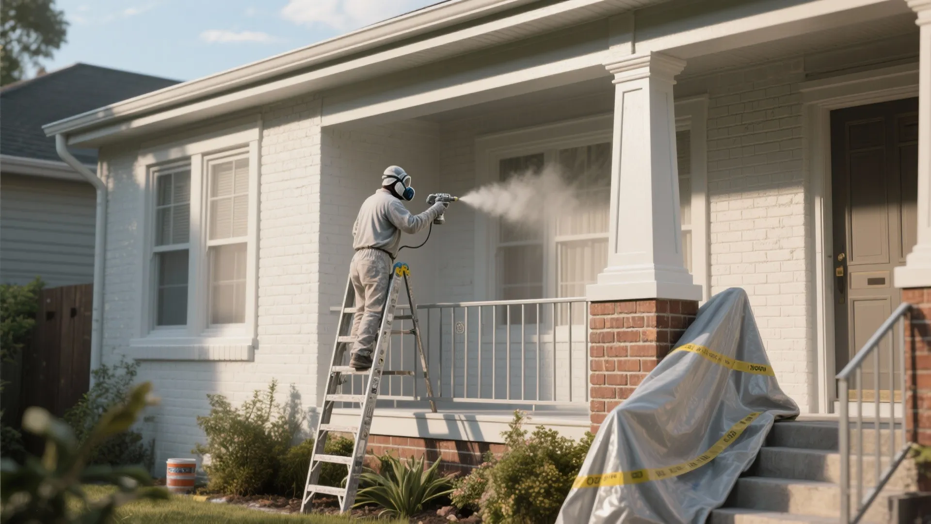 Person on ladder using paint sprayer to apply white paint on exterior brick house walls