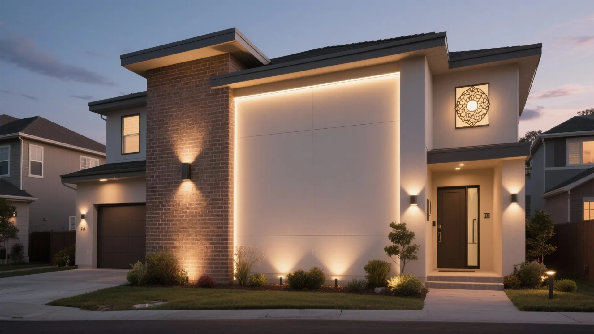 Modern two story house exterior with warm wall light fixtures illuminating brick walls and entrance