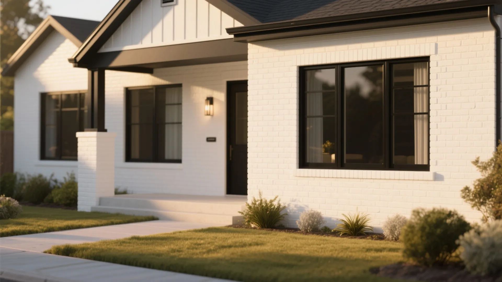 Modern home exterior with white painted brick, black-framed windows and minimalist landscaping at golden hour.
