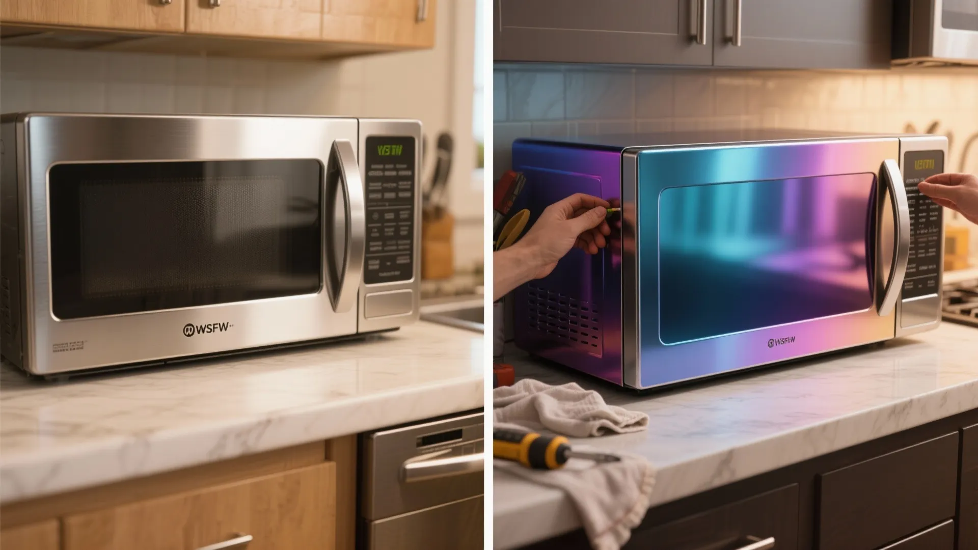 Before and after comparison of a standard silver microwave versus one with colorful decorative wrap