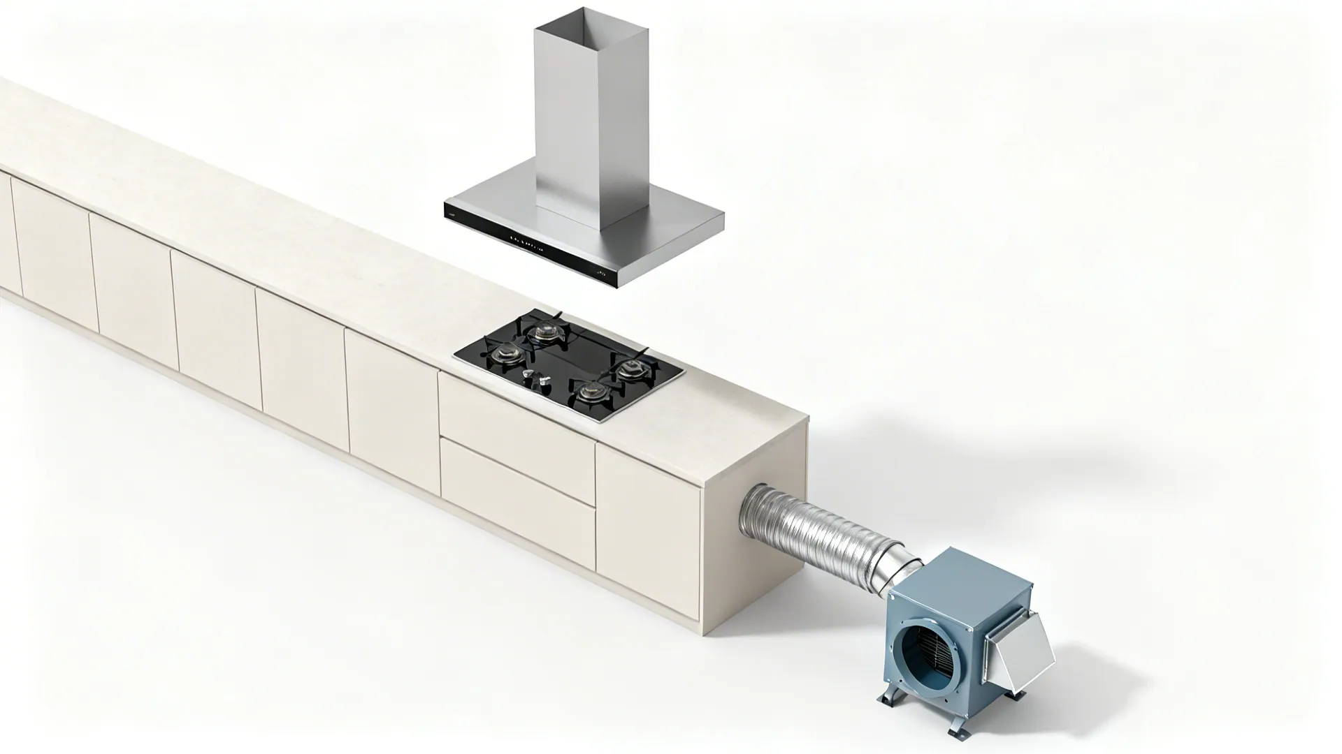 Top-down diagram-like view of rigid duct routing to an external blower with long-radius elbows.