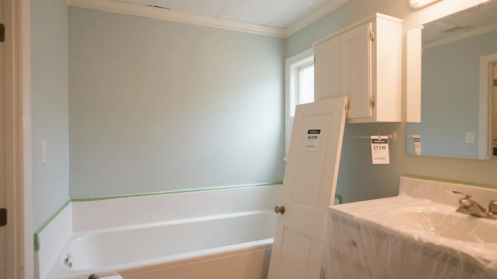 Small bathroom with caulked tub edges, painted trim, and a repainted cabinet door showing common add-ons.