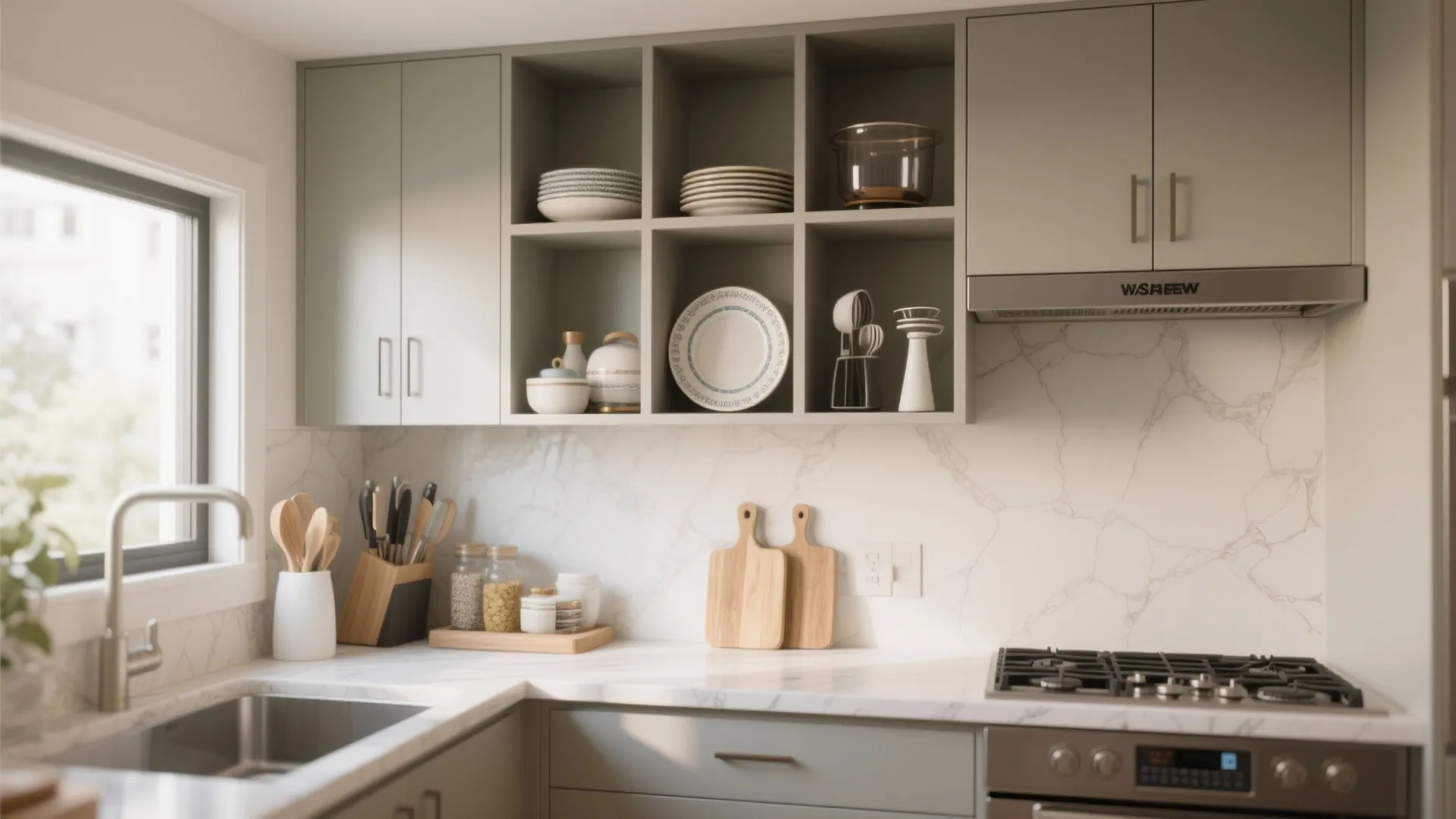 Modern grey kitchen cabinets with open storage shelves for plates bowls and marble wall backsplash